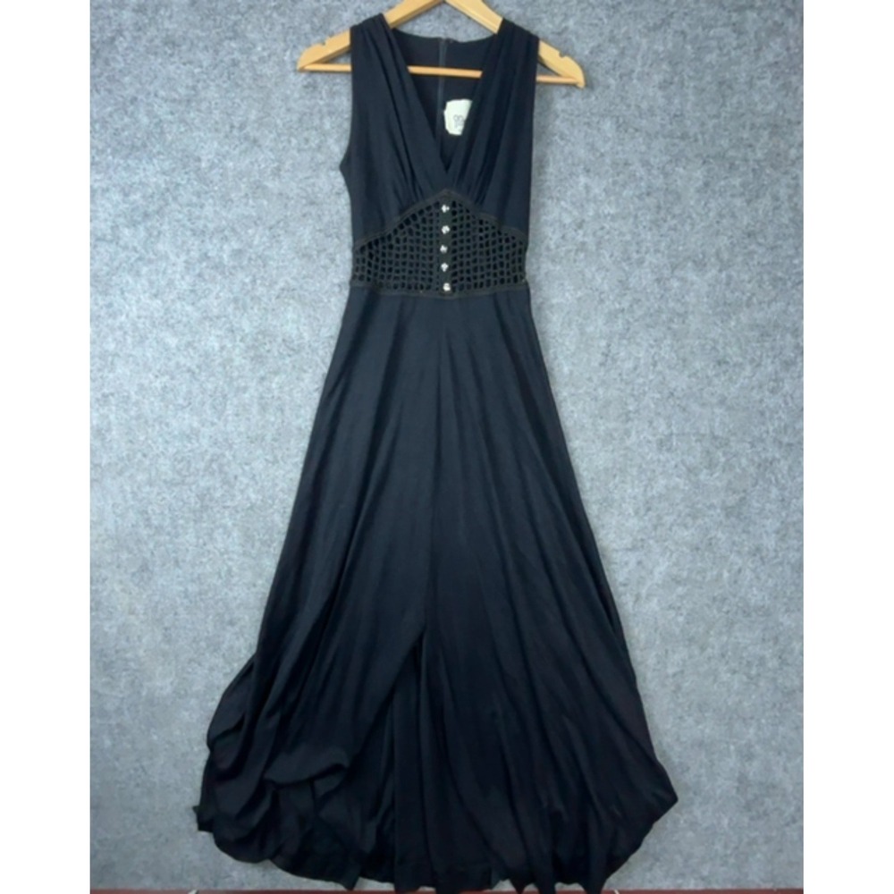 Vintage Mr Boots Maxi Dress Womens 9 Black Plunge Crochet Witchy Goth Vamp Flowy